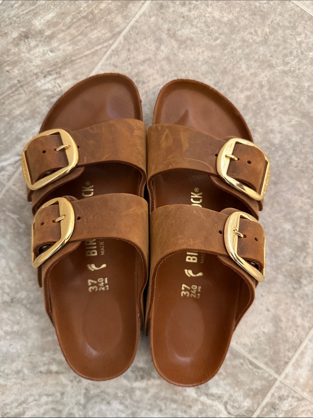 Birkenstock Double Strap Sandals in Brown with Gold Buckles